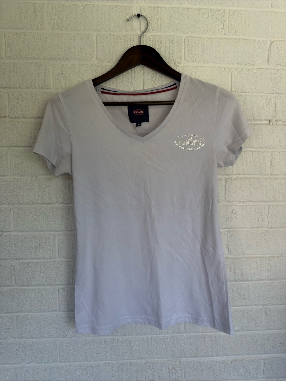 Bugatti White V-Neck Short Sleeve Tee with Rhinestone Logo